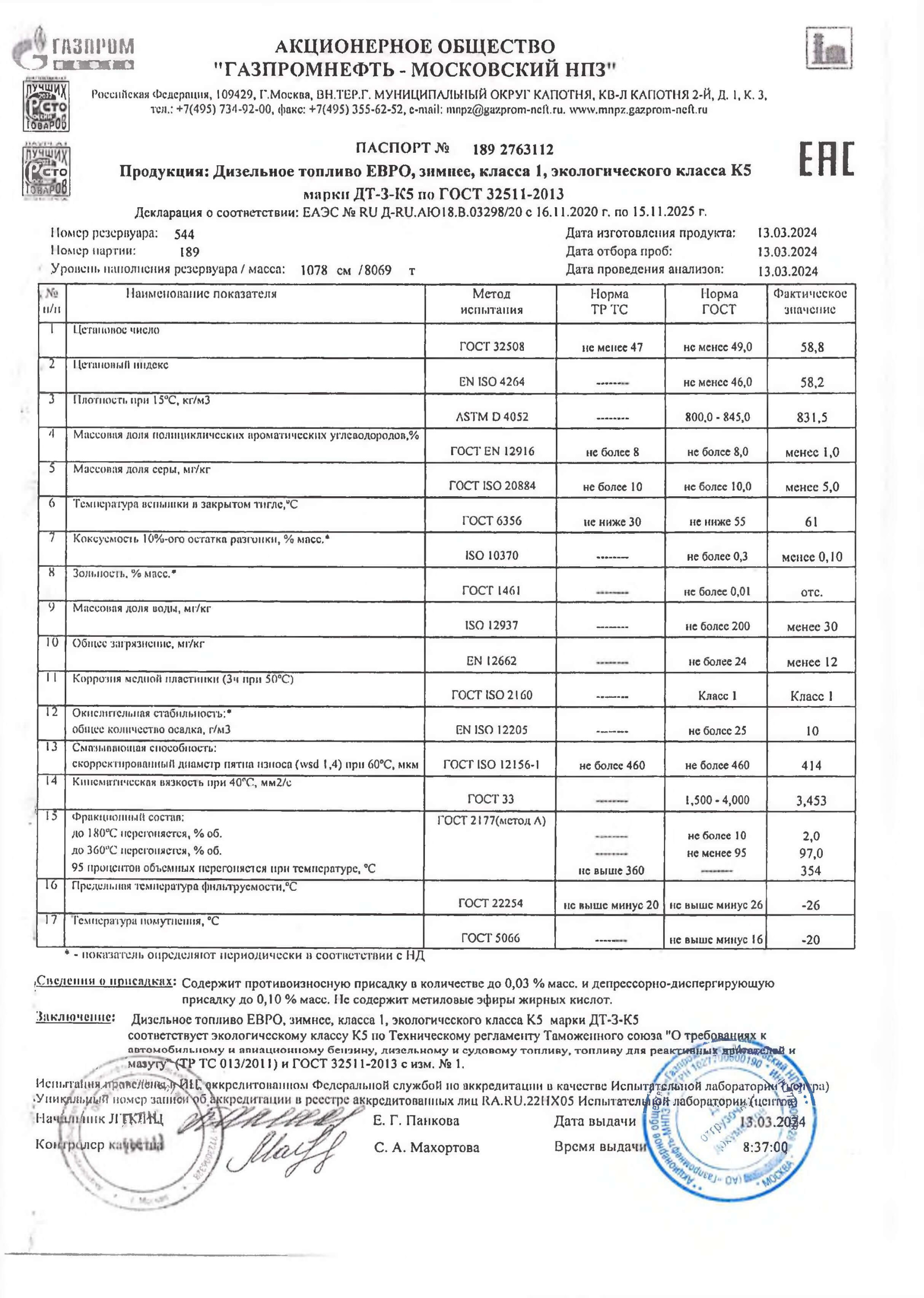 Паспорт качества дизельного топлива Газпромнефть зимнее ДТ-З-К5 Класс 1.jpg