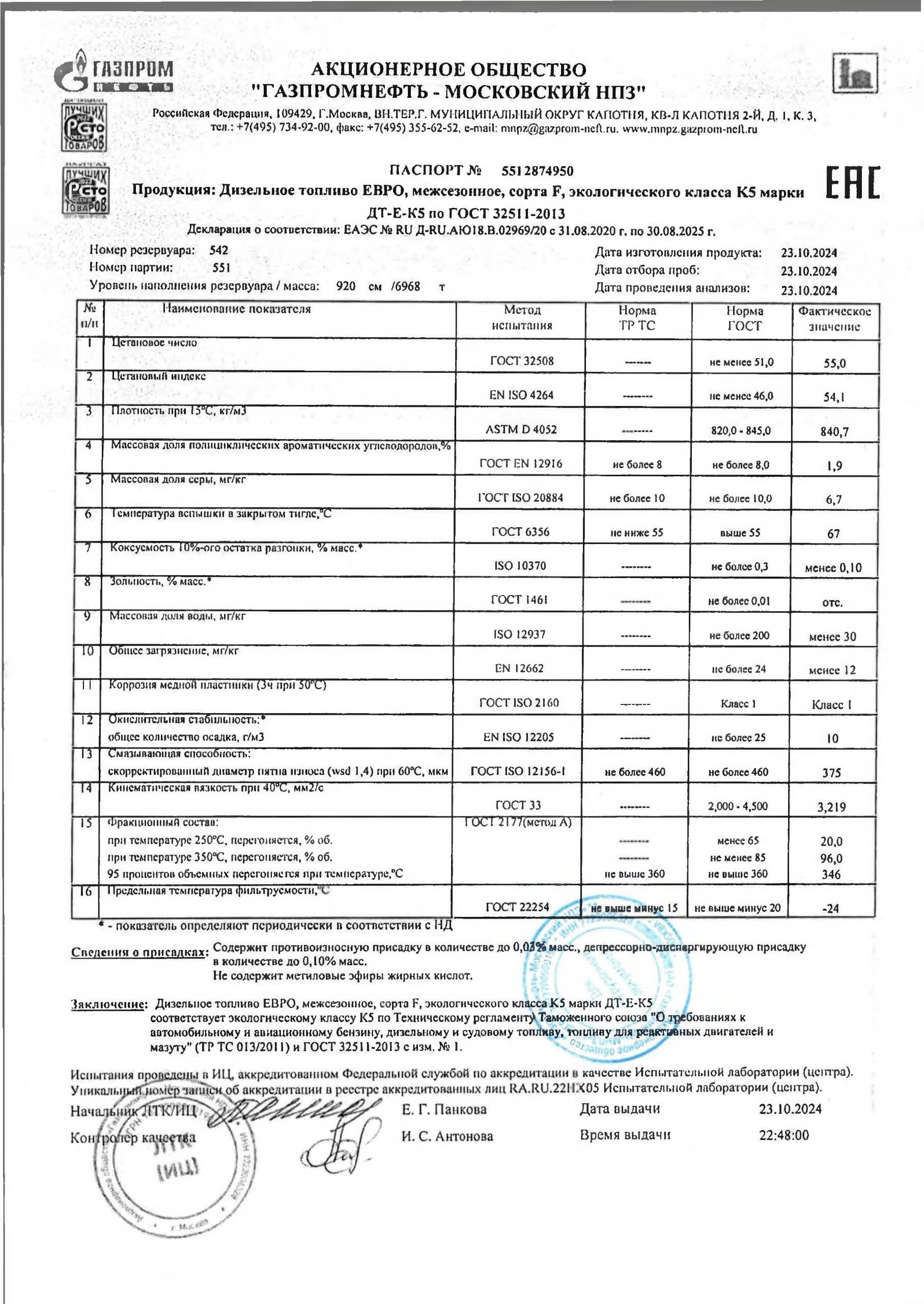 Паспорт качества дизельного топлива Газпромнефть межсезонное ДТ-Е-К5 сорт Ф.jpg
