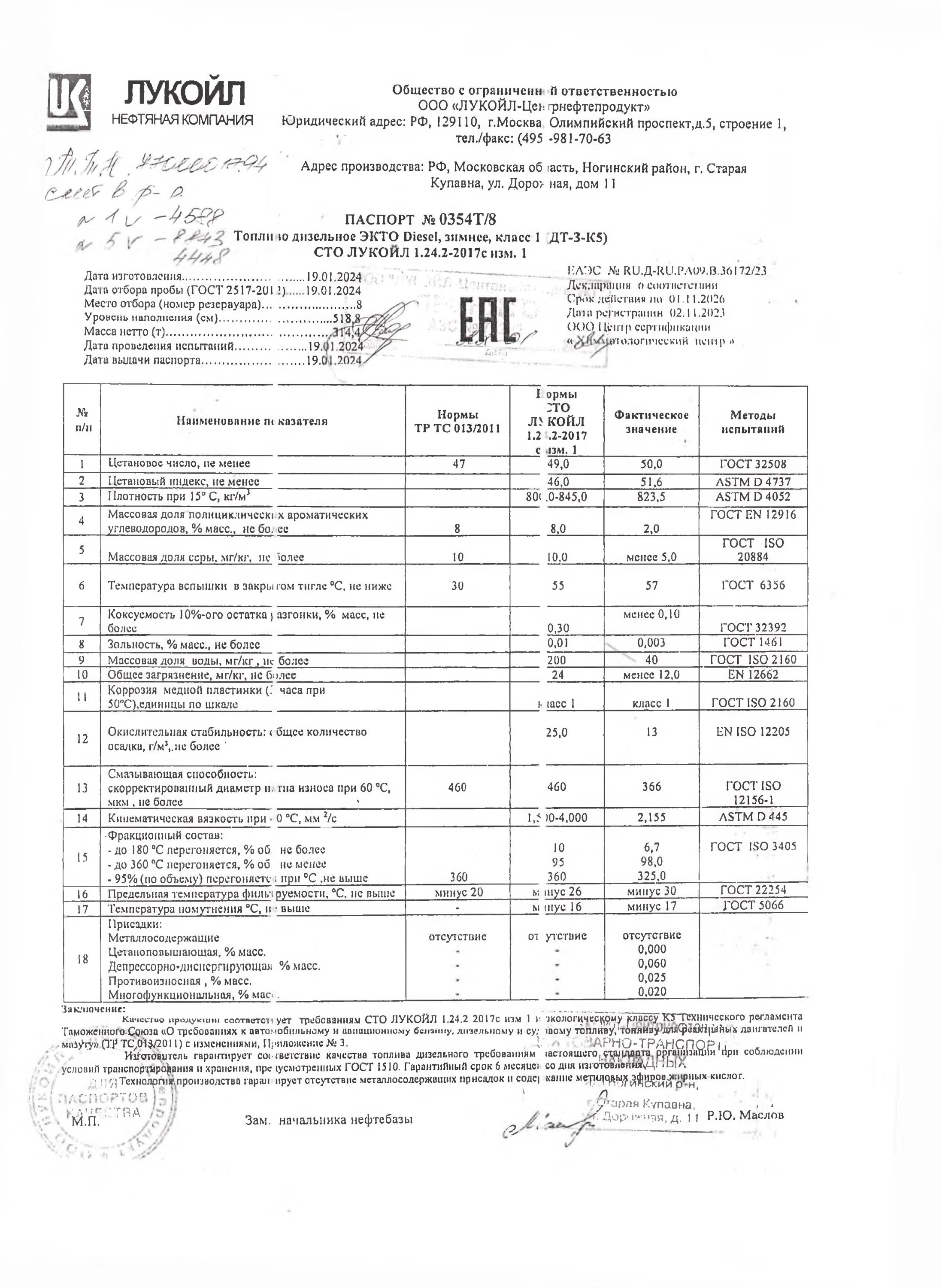 Паспорт качества на дизельное топливо Лукойл зимнее ДТ-З-К5 Класс 1.jpg
