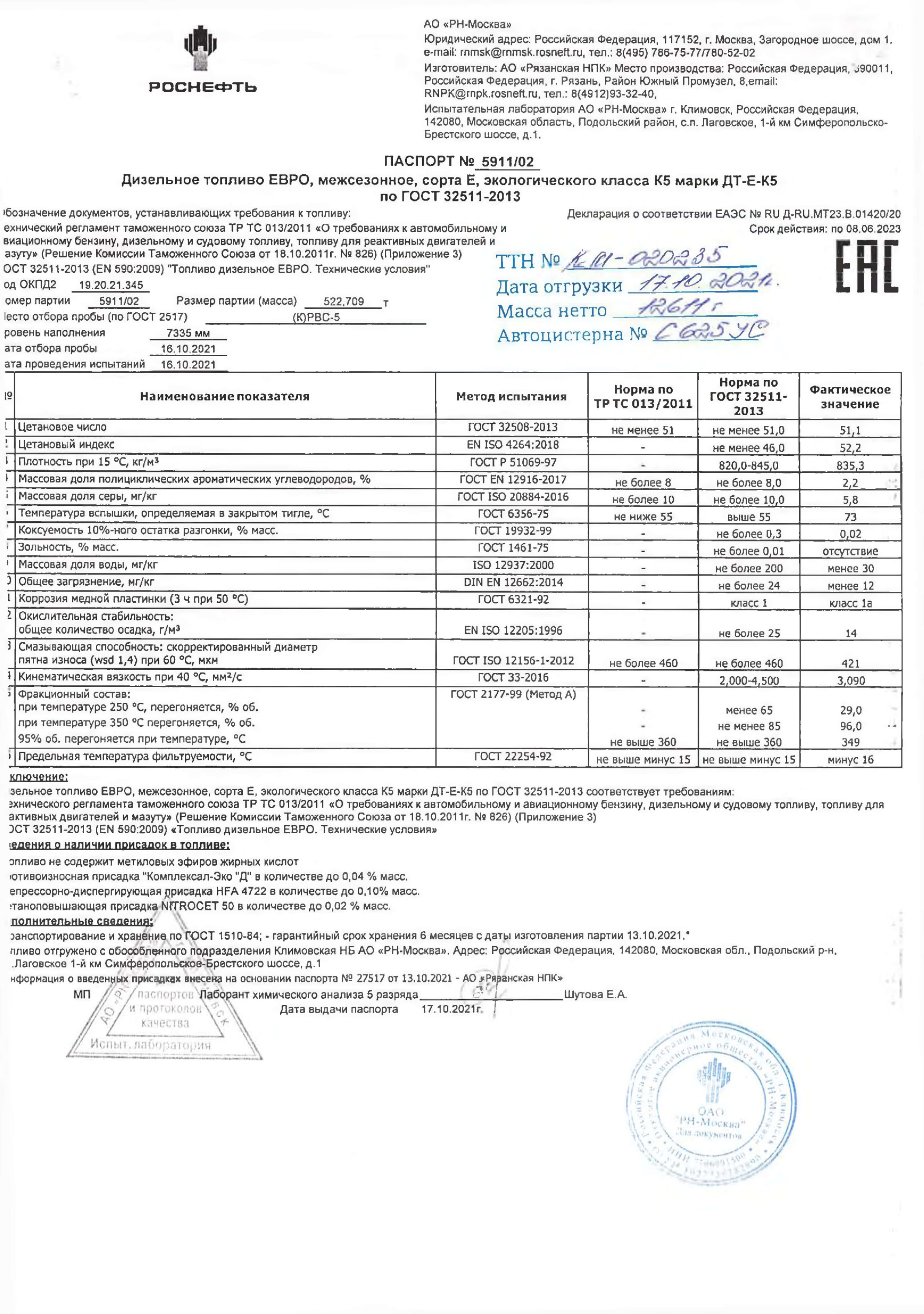Паспорт качества на дизельное топливо Роснефть межсезонное ДТ-Е-К5 Сорт Е - 0001.jpg